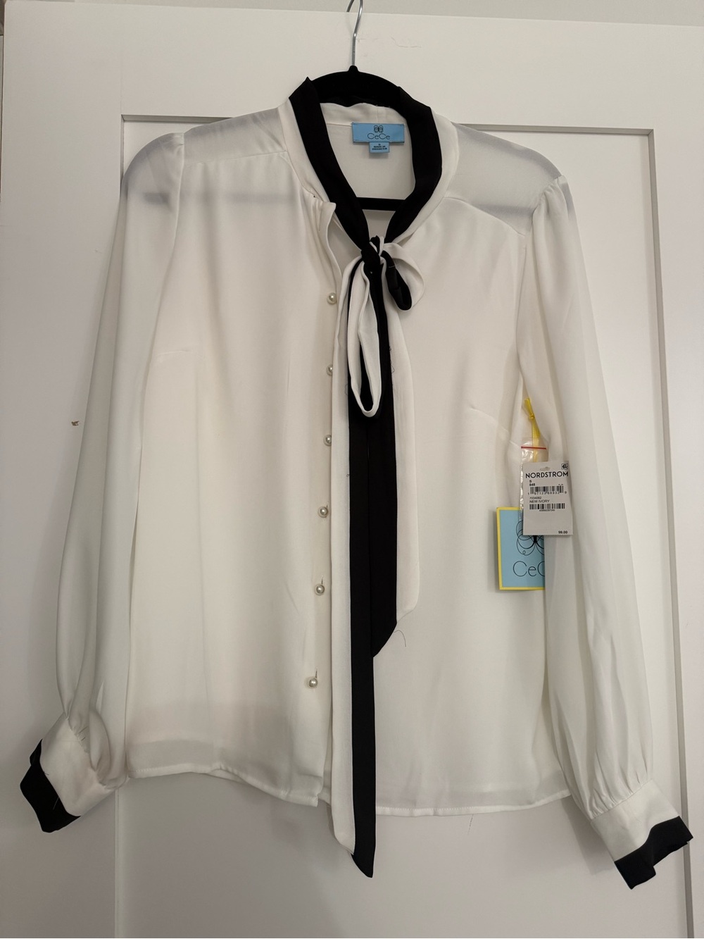 CeCe White Blouse with Black Tie-Neck and Trim